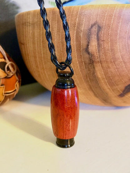 Blood Wood & Black Stainless Steel Hand Turned Cremation Pendant