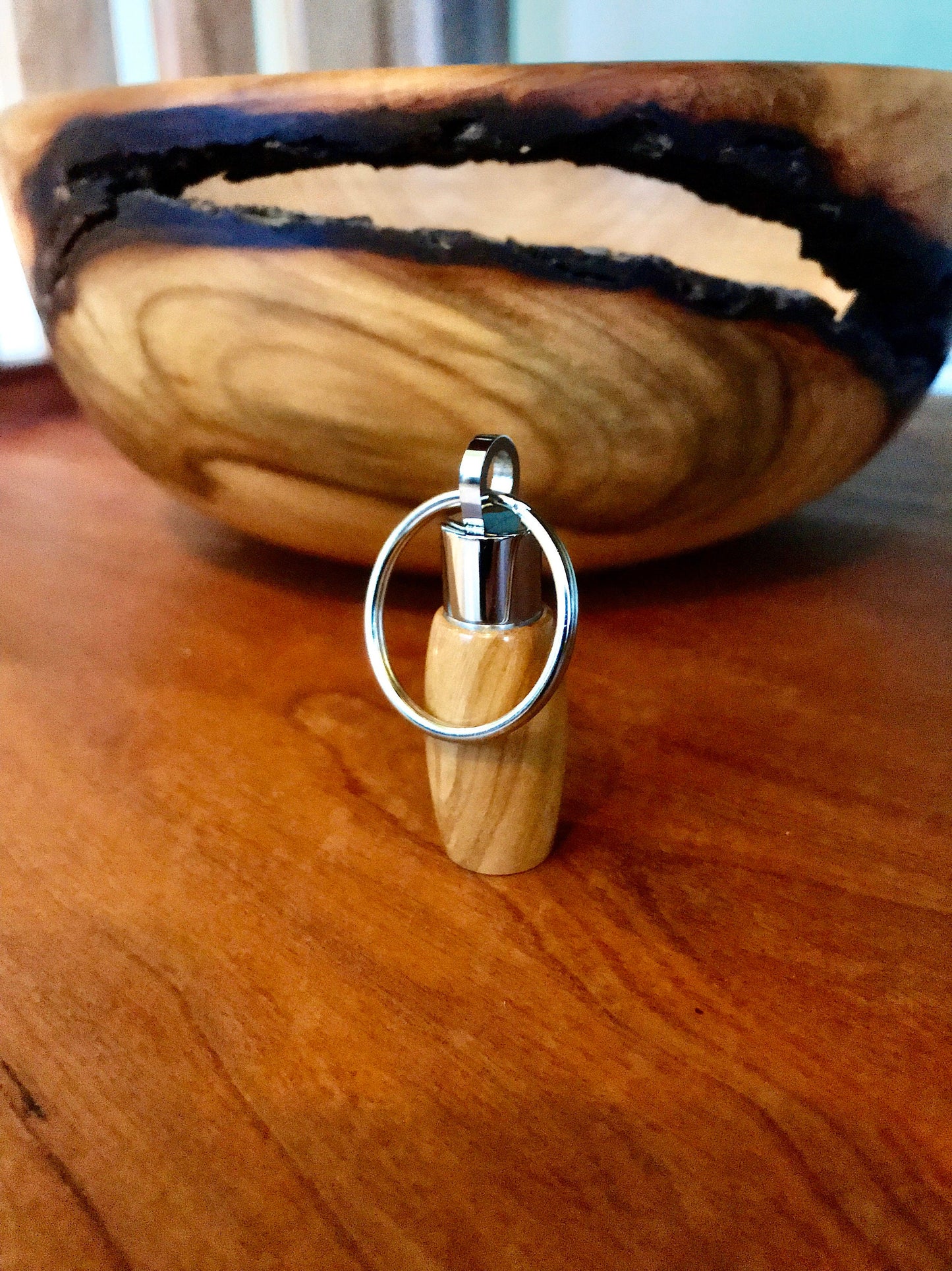 Bethlehem Olive Wood & Stainless Steel Cremation Keychain Urn Pendant