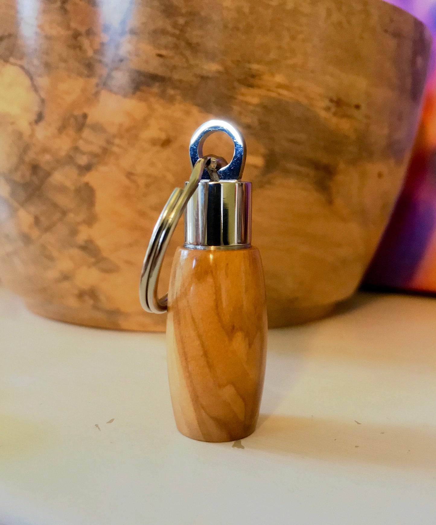 Bethlehem Olive Wood & Stainless Steel Cremation Keychain Urn Pendant