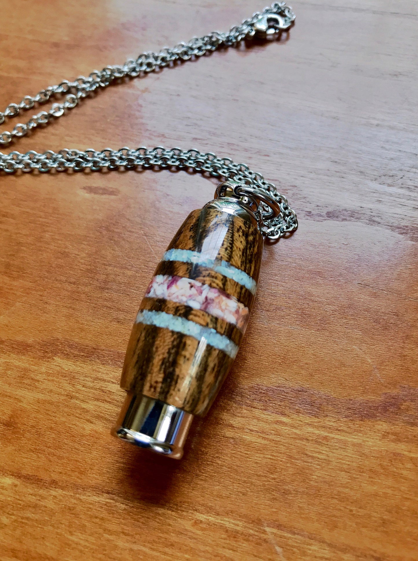 Bocote Wood & Silver Stainless Steel With Mother-Of-Pearl & Orange Oyster Shell Inlays