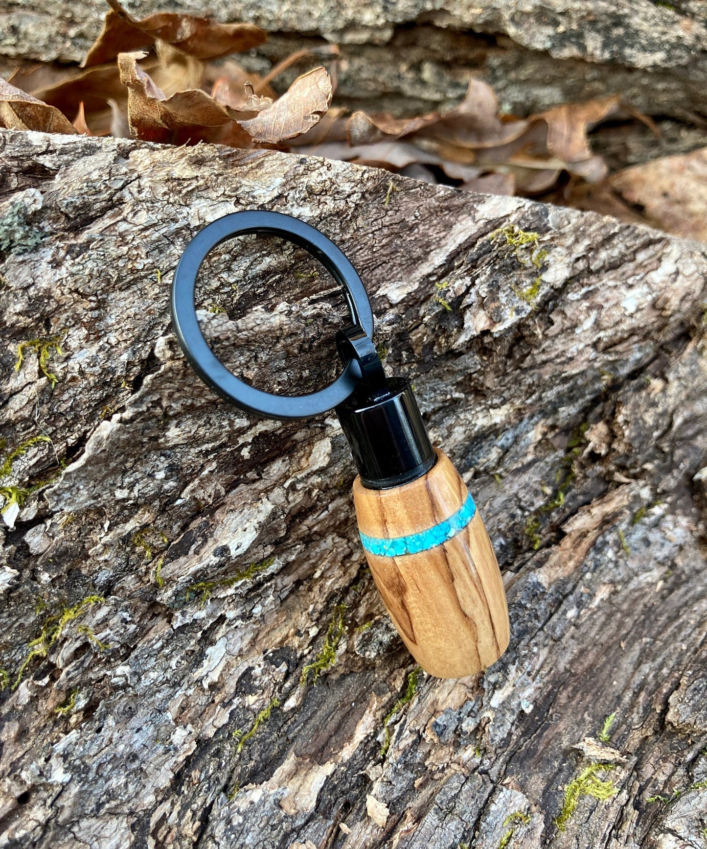 Bethlehem Olive Wood & Turquoise Inlay On Black Stainless Steel Cremation Keychain Urn