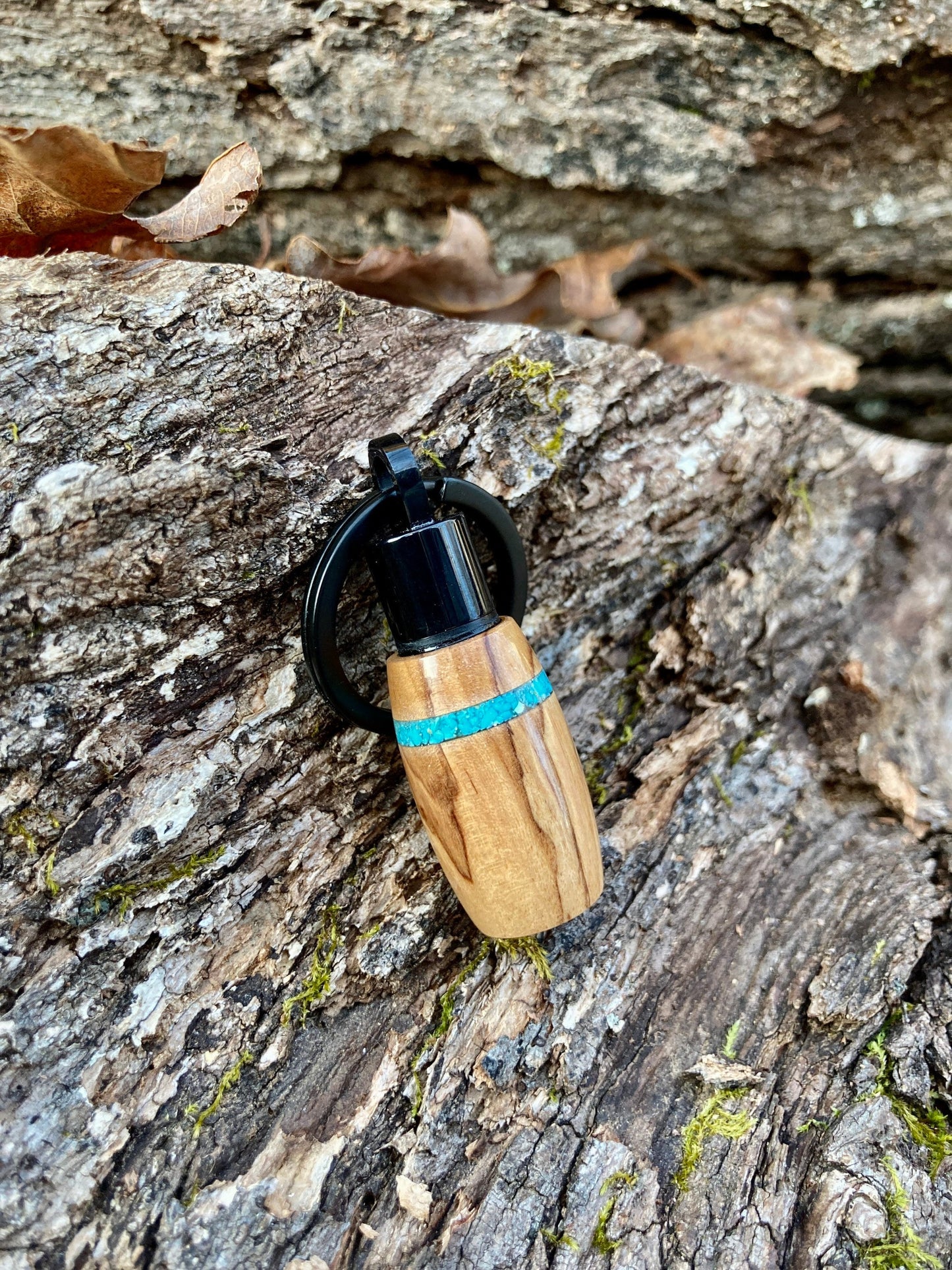 Bethlehem Olive Wood & Turquoise Inlay On Black Stainless Steel Cremation Keychain Urn