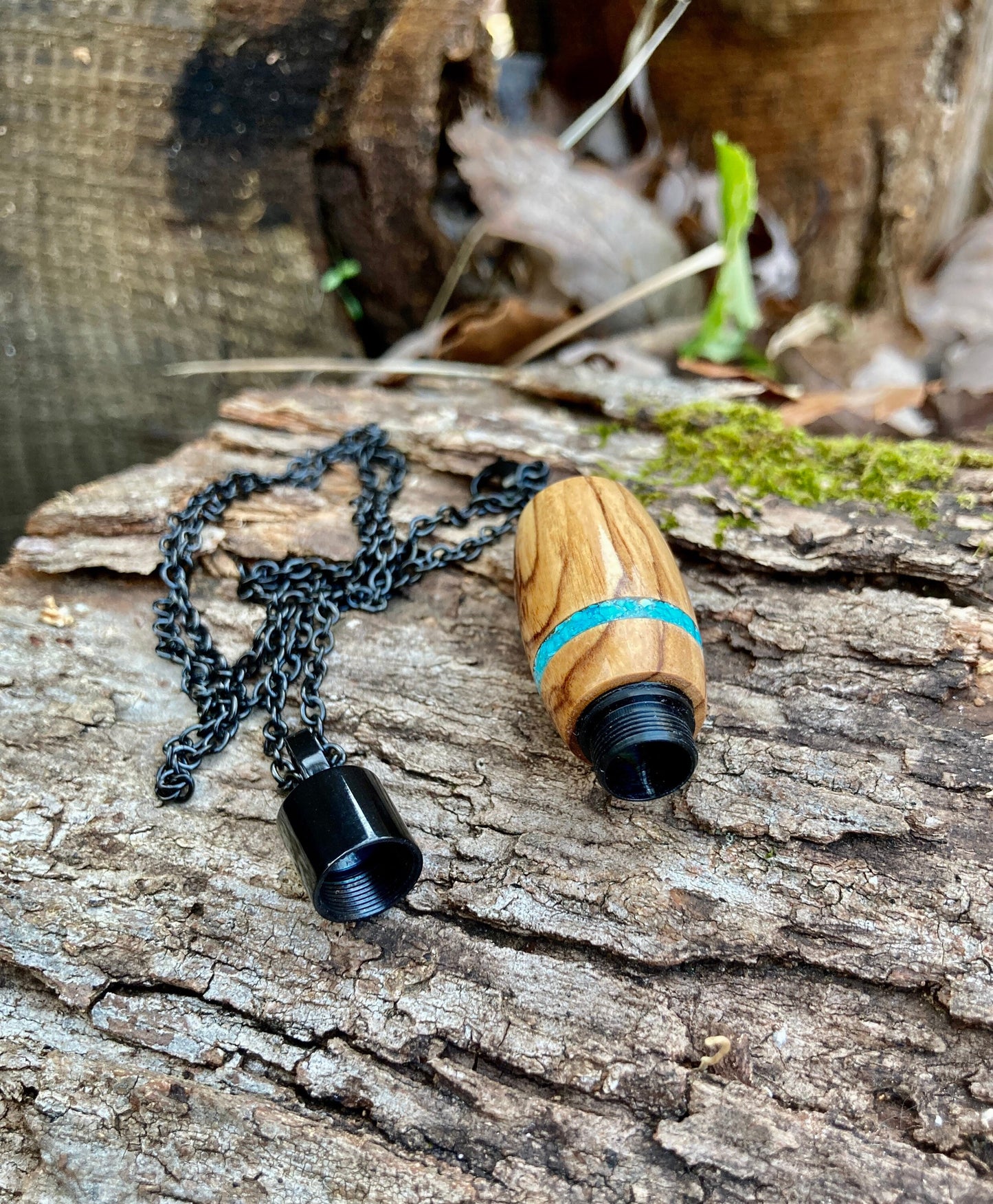 Bethlehem Olive Wood & Turquoise Inlay On Black Stainless Steel Cremation Keychain Urn