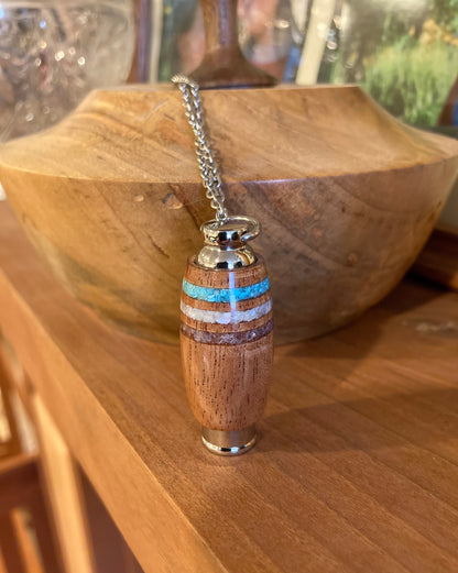 African Mahogany & Stainless Steel Cremation Urn Pendant With Inlays Of Turquoise, Mother-Of-Pearl, & Amethyst