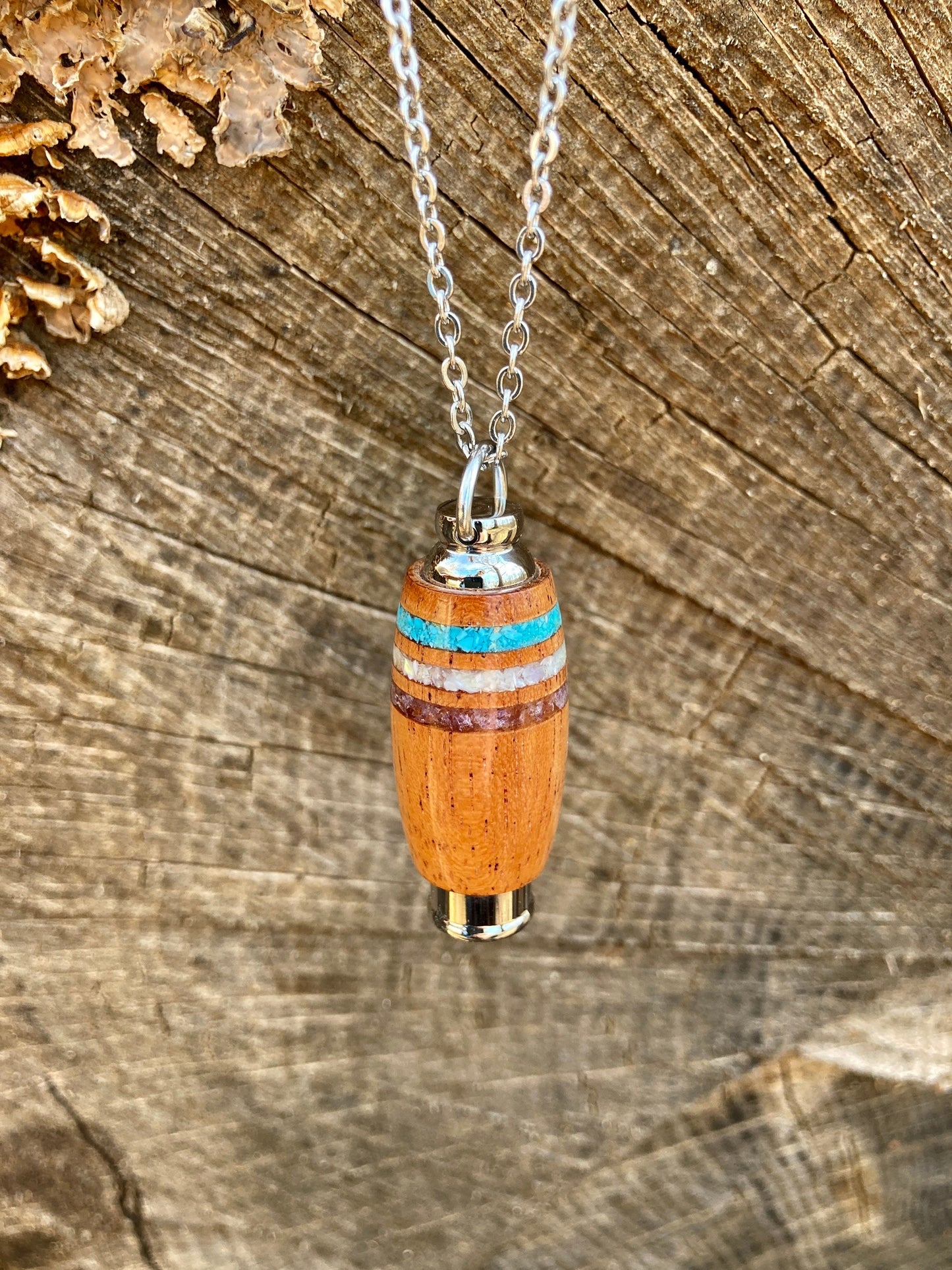 African Mahogany & Stainless Steel Cremation Urn Pendant With Inlays Of Turquoise, Mother-Of-Pearl, & Amethyst