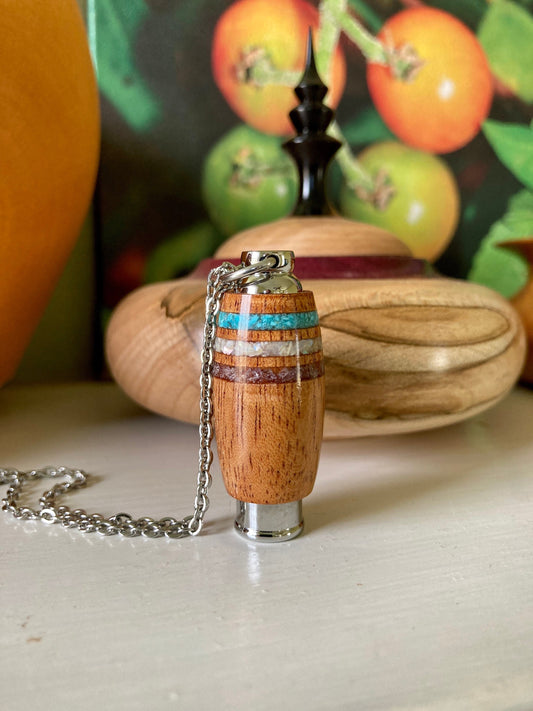 African Mahogany & Stainless Steel Cremation Urn Pendant With Inlays Of Turquoise, Mother-Of-Pearl, & Amethyst