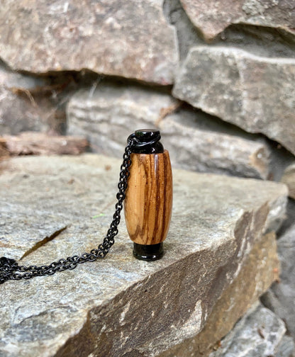 African Zebra Wood & Black Anodized Stainless Steel Cremation Pendant