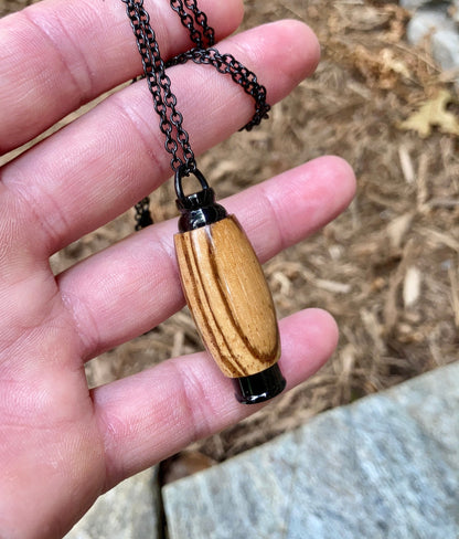 African Zebra Wood & Black Anodized Stainless Steel Cremation Pendant