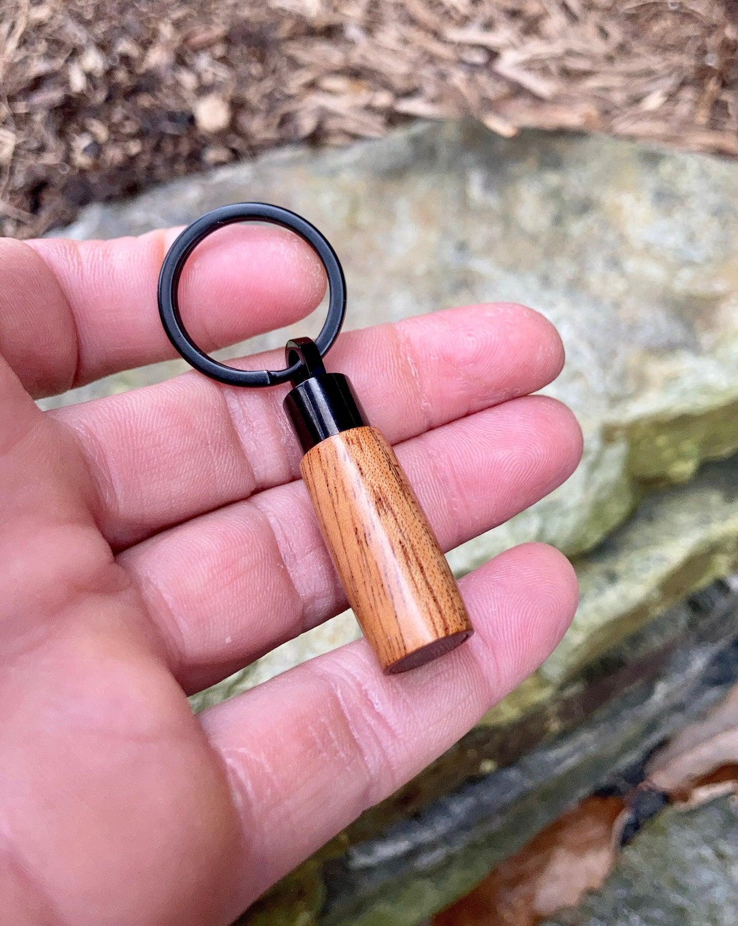 African Mahogany & Black Anodized Stainless Steel Cremation Keychain Urn