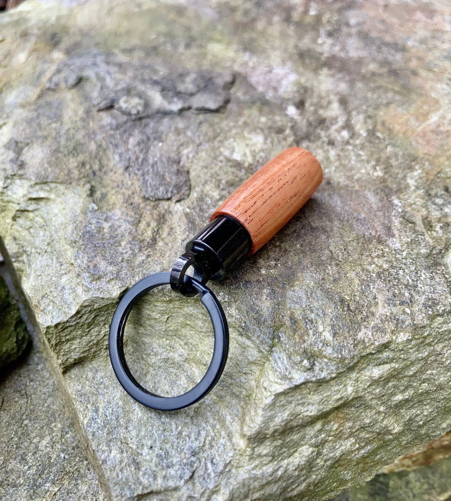 African Mahogany & Black Anodized Stainless Steel Cremation Keychain Urn