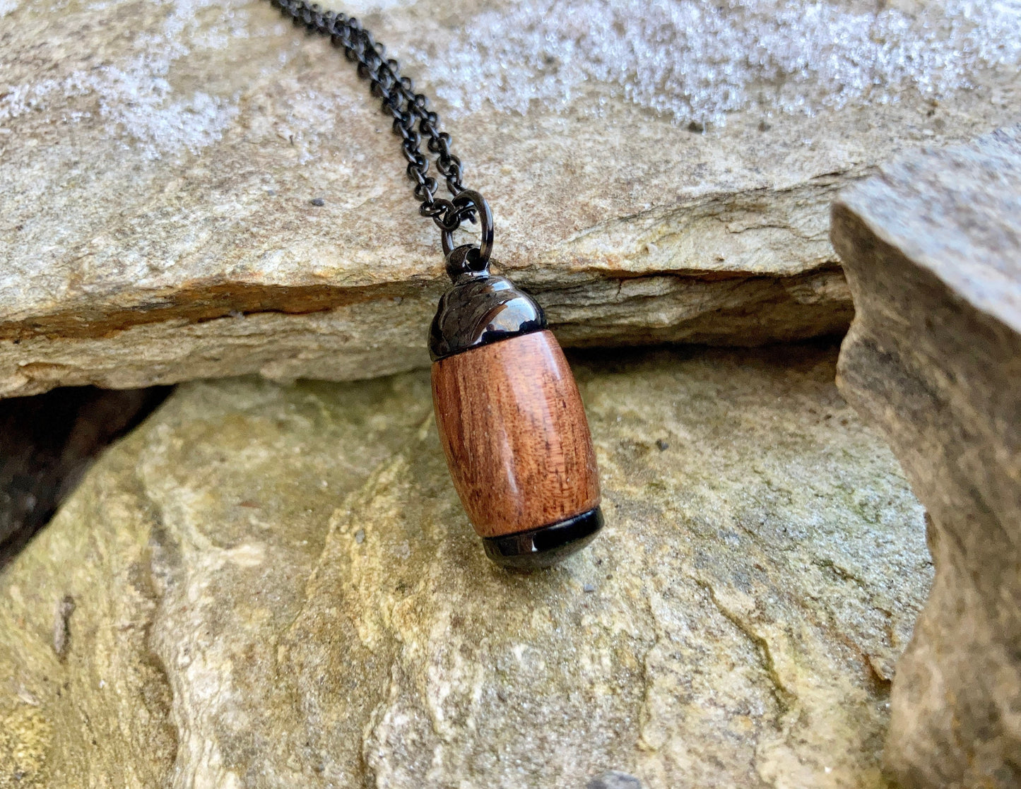 Extra Small Hawaiian Koa Wood and Black Stainless Steel Cremation Pendant Urn