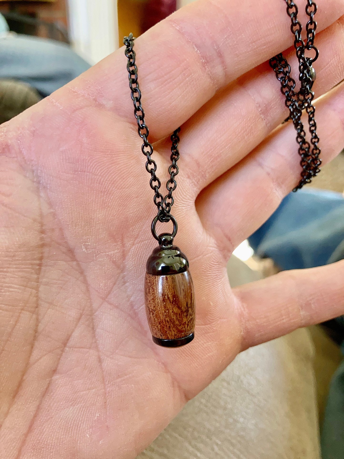 Extra Small Hawaiian Koa Wood and Black Stainless Steel Cremation Pendant Urn