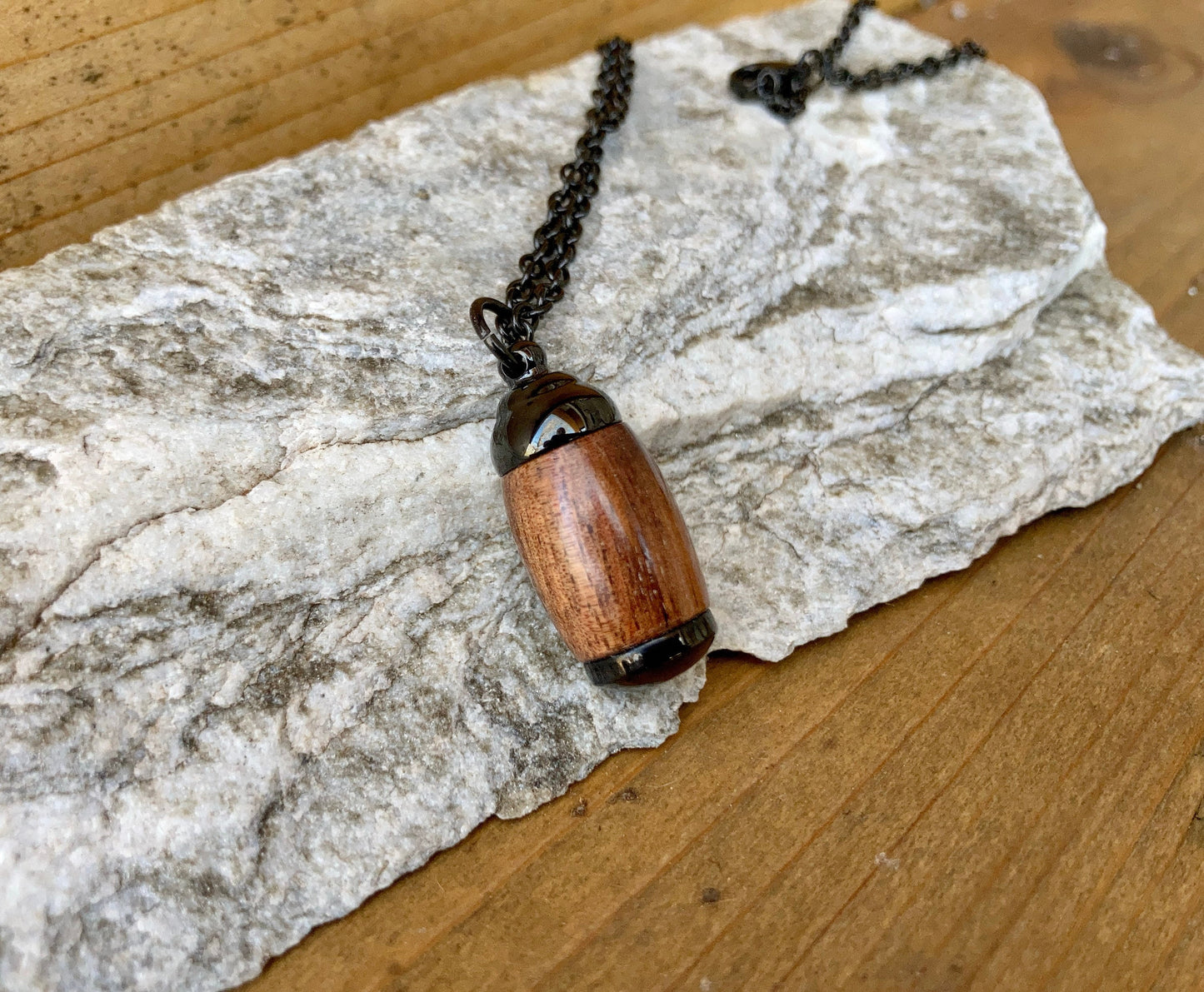 Extra Small Hawaiian Koa Wood and Black Stainless Steel Cremation Pendant Urn