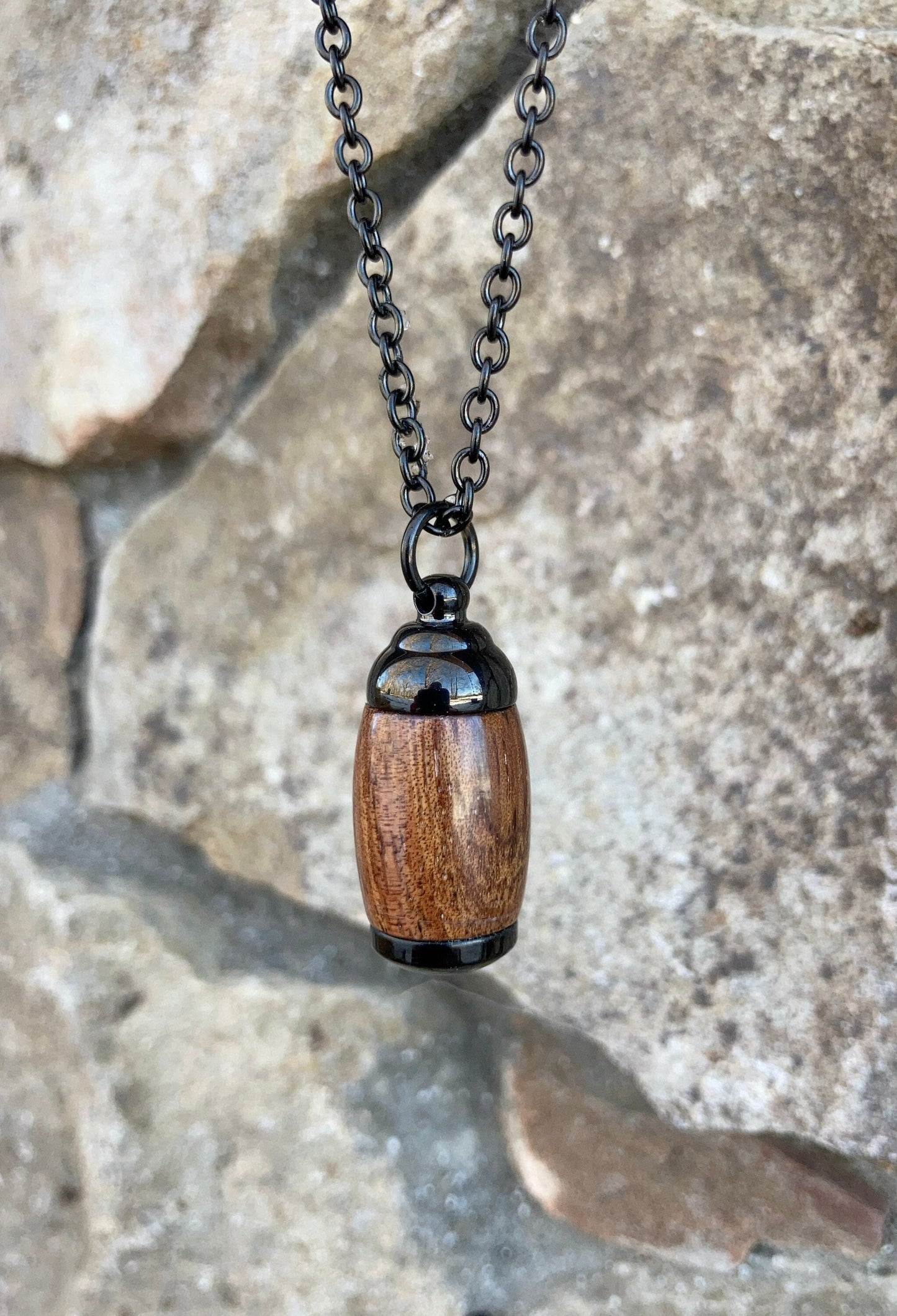 Extra Small Hawaiian Koa Wood and Black Stainless Steel Cremation Pendant Urn