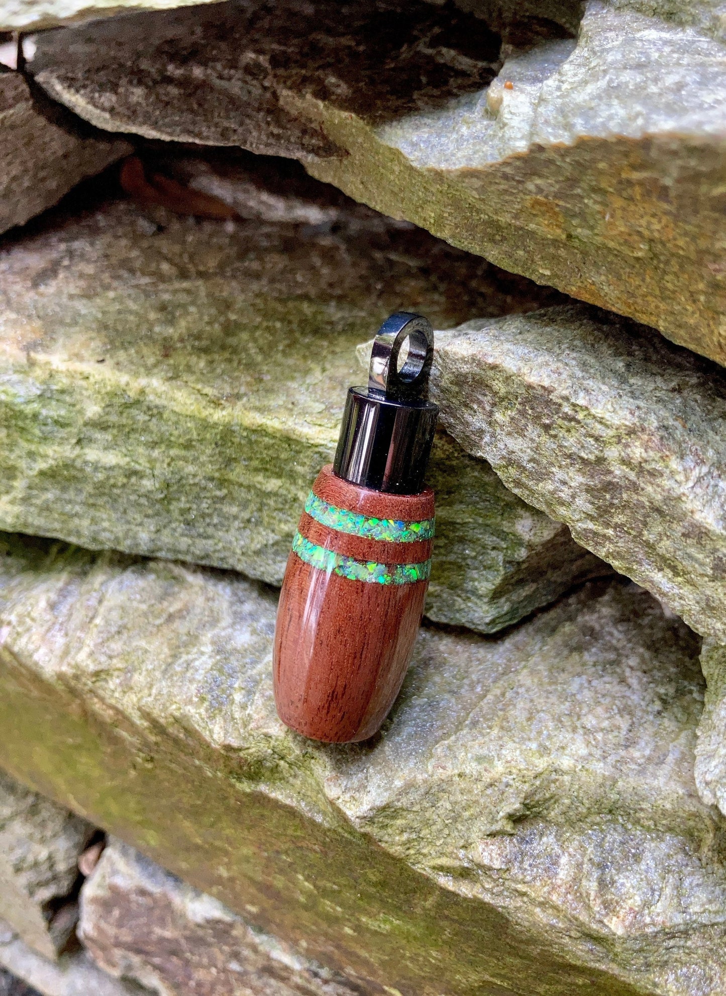 Bluish Green Opal Inlays On Black Walnut With Black Stainless Steel Core