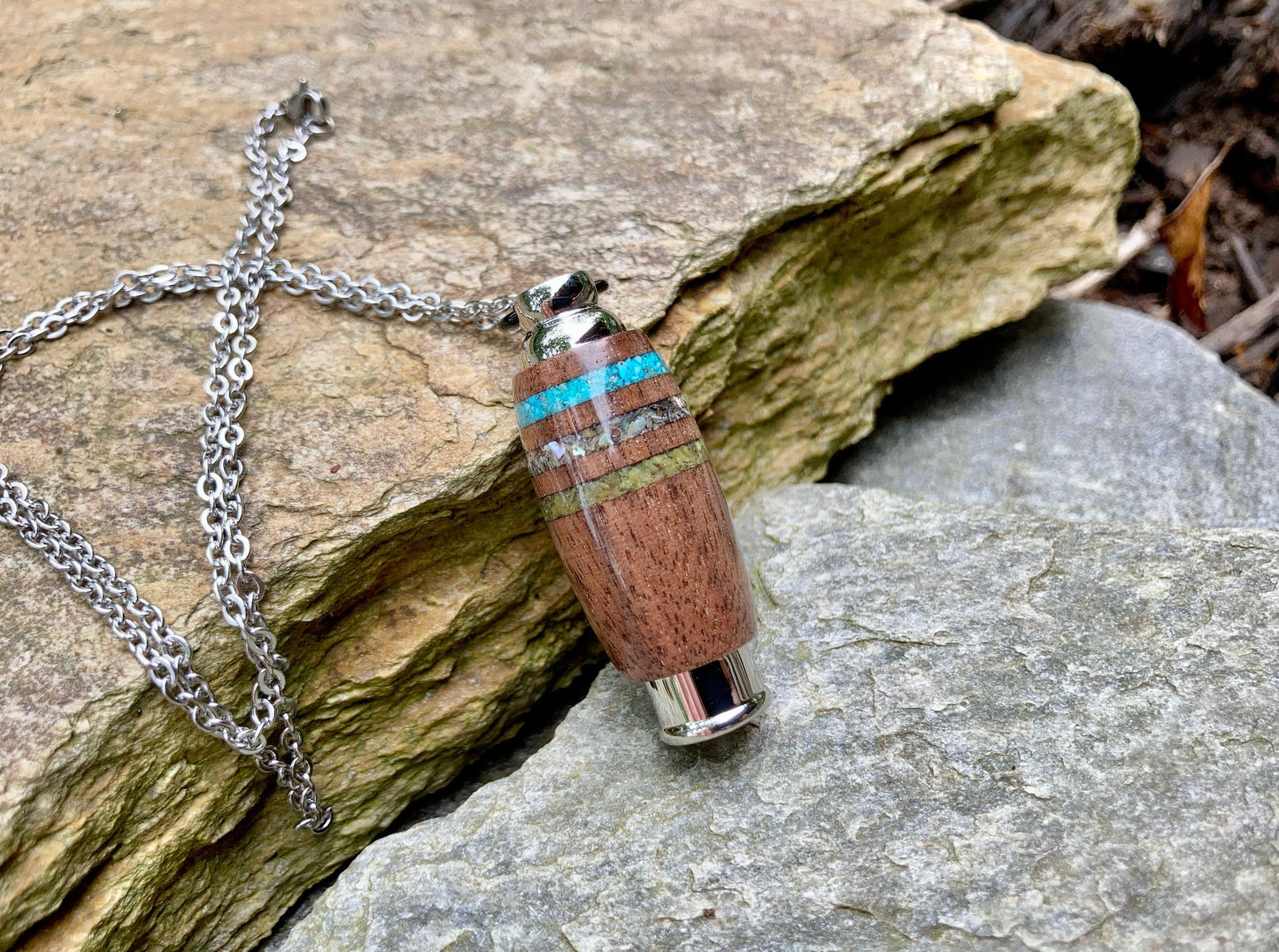 American Black Walnut With Inlays Of Turquoise, Abalone Shell, and Green Opal