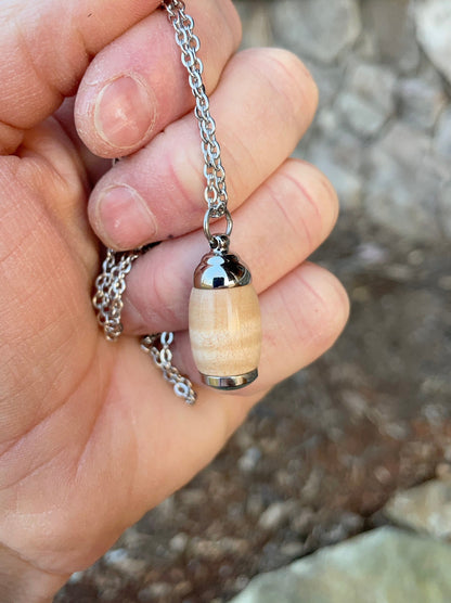 Extra Small Tiger Maple Wood & Stainless Steel Cremation Urn Pendant