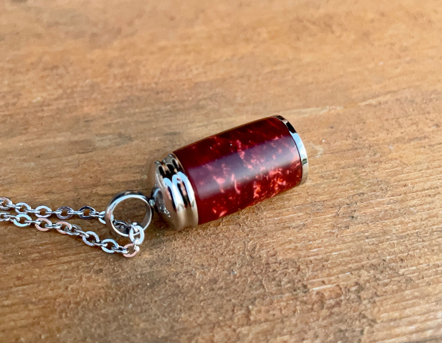 "Red Wine & Gold Flake"  Acrylic & Silver Stainless Steel Cremation Pendant