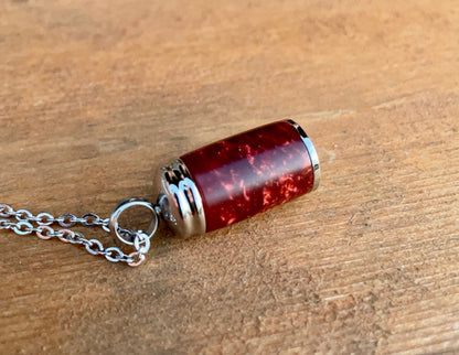 "Red Wine & Gold Flake"  Acrylic & Silver Stainless Steel Cremation Pendant