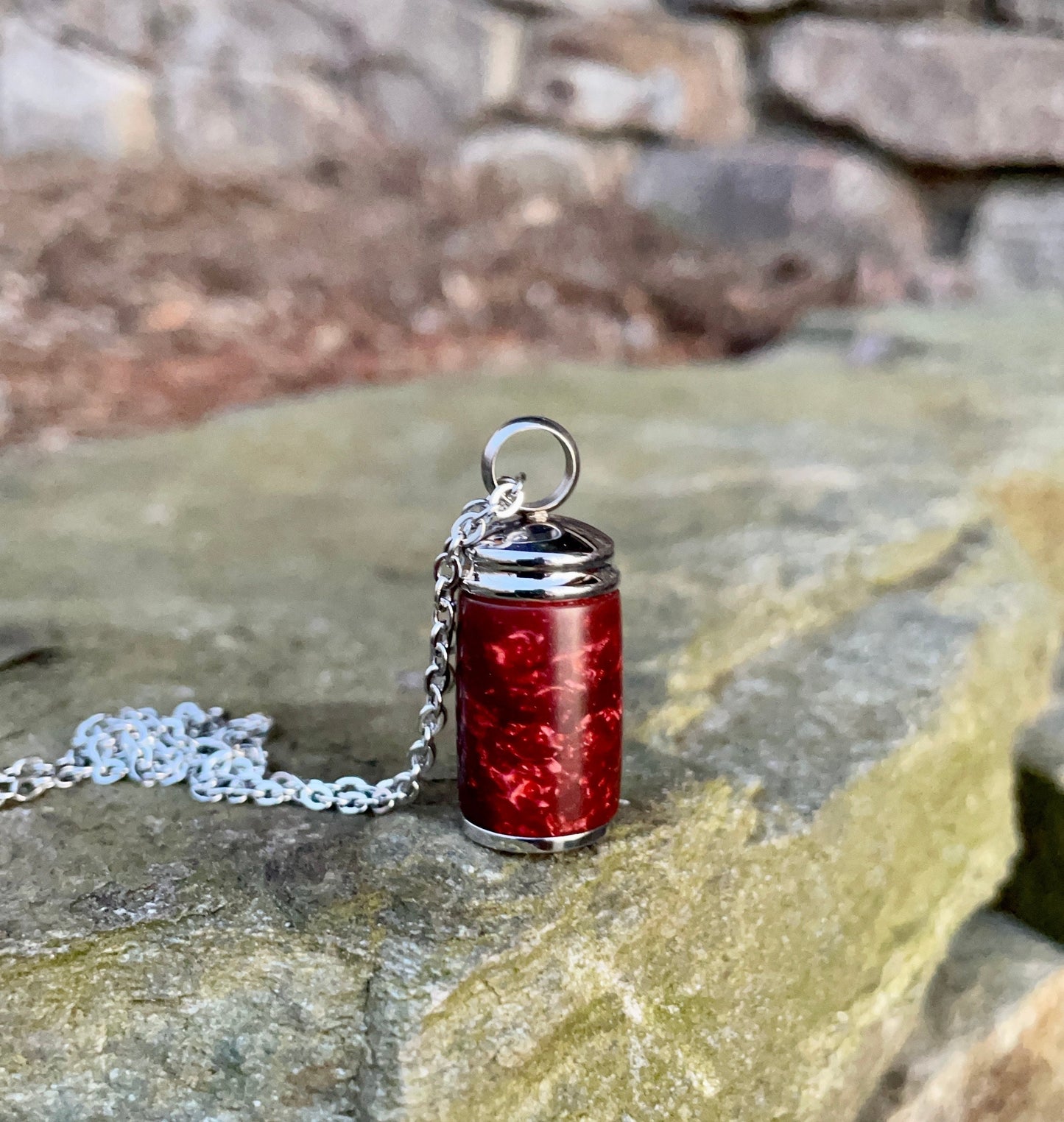 "Red Wine & Gold Flake"  Acrylic & Silver Stainless Steel Cremation Pendant