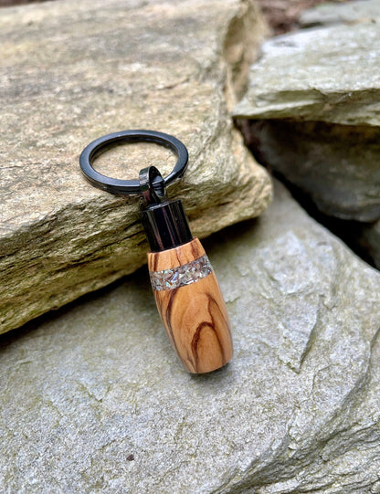 Bethlehem Olive Wood With Abalone Shell Inlay & Black Stainless Steel Cremation Keychain