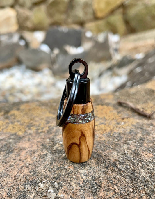 Bethlehem Olive Wood With Abalone Shell Inlay & Black Stainless Steel Cremation Keychain