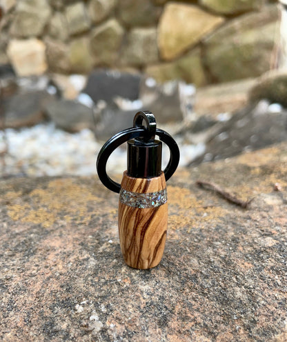 Bethlehem Olive Wood With Abalone Shell Inlay & Black Stainless Steel Cremation Keychain