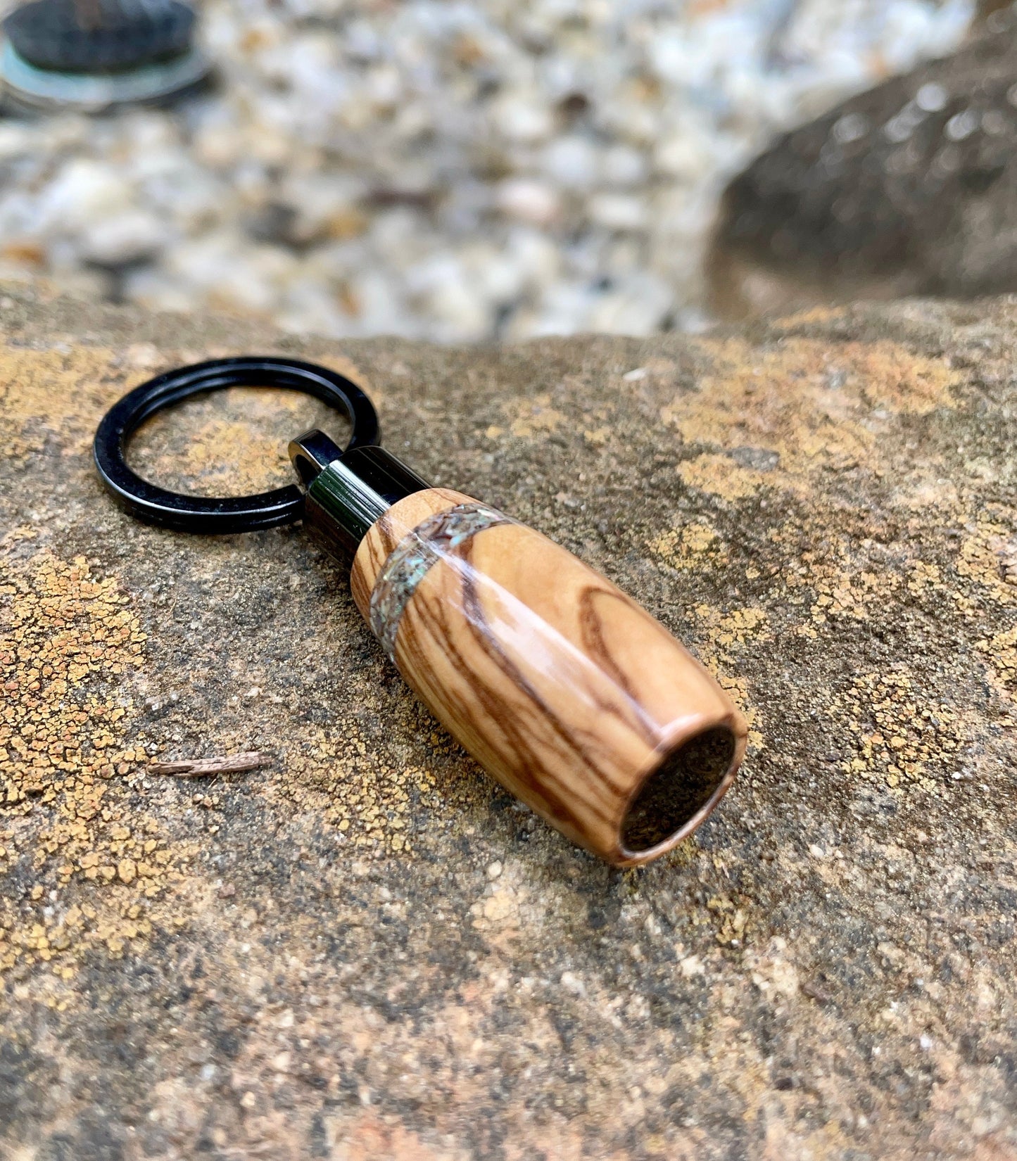 Bethlehem Olive Wood With Abalone Shell Inlay & Black Stainless Steel Cremation Keychain