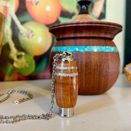 Hawaiian Koa Wood & Stainless Steel With Two Mother-Of-Pearl Inlays | Unique Hand Made Cremation Urn Jewelry Memorial