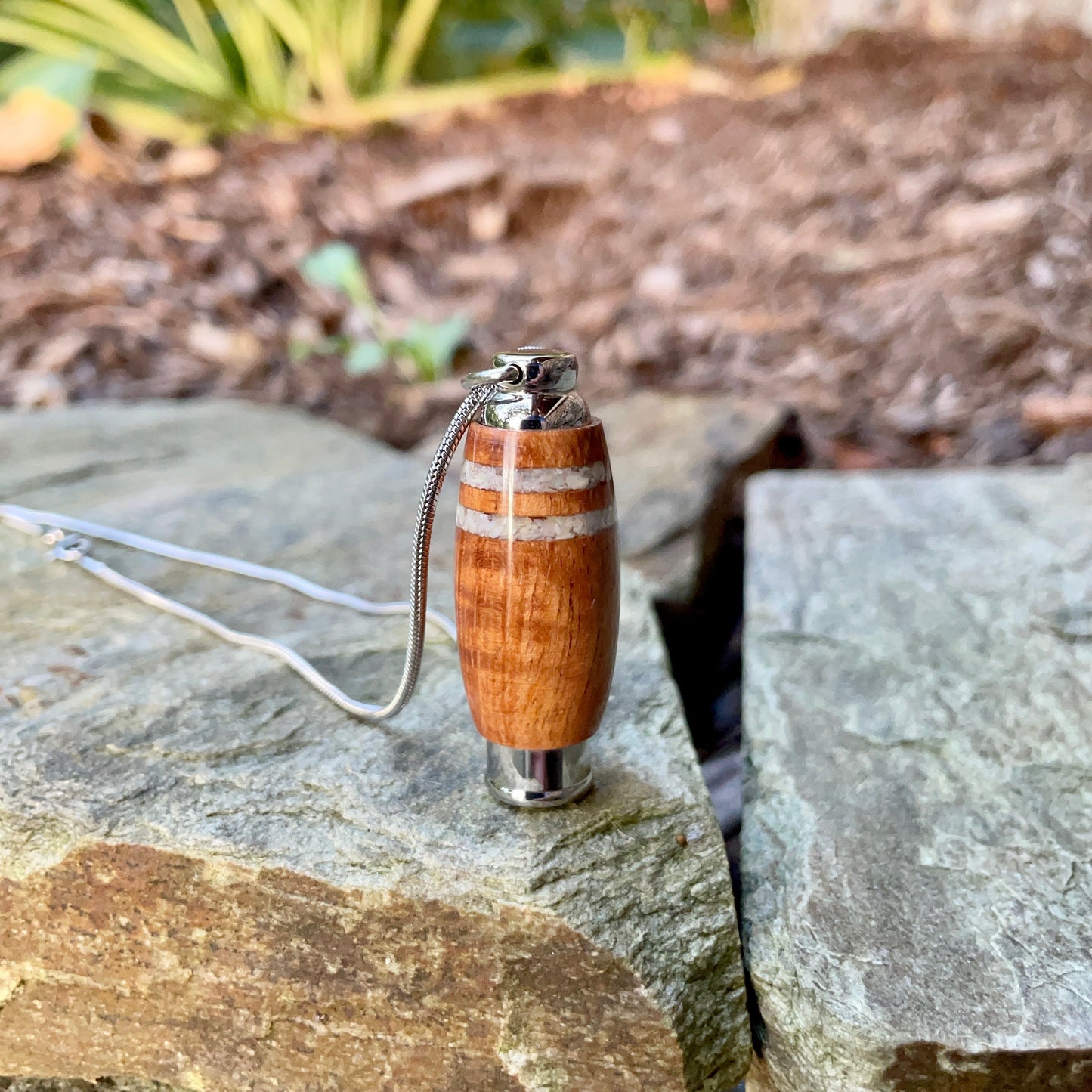 Hawaiian Koa Wood & Stainless Steel With Two Mother-Of-Pearl Inlays | Unique Hand Made Cremation Urn Jewelry Memorial