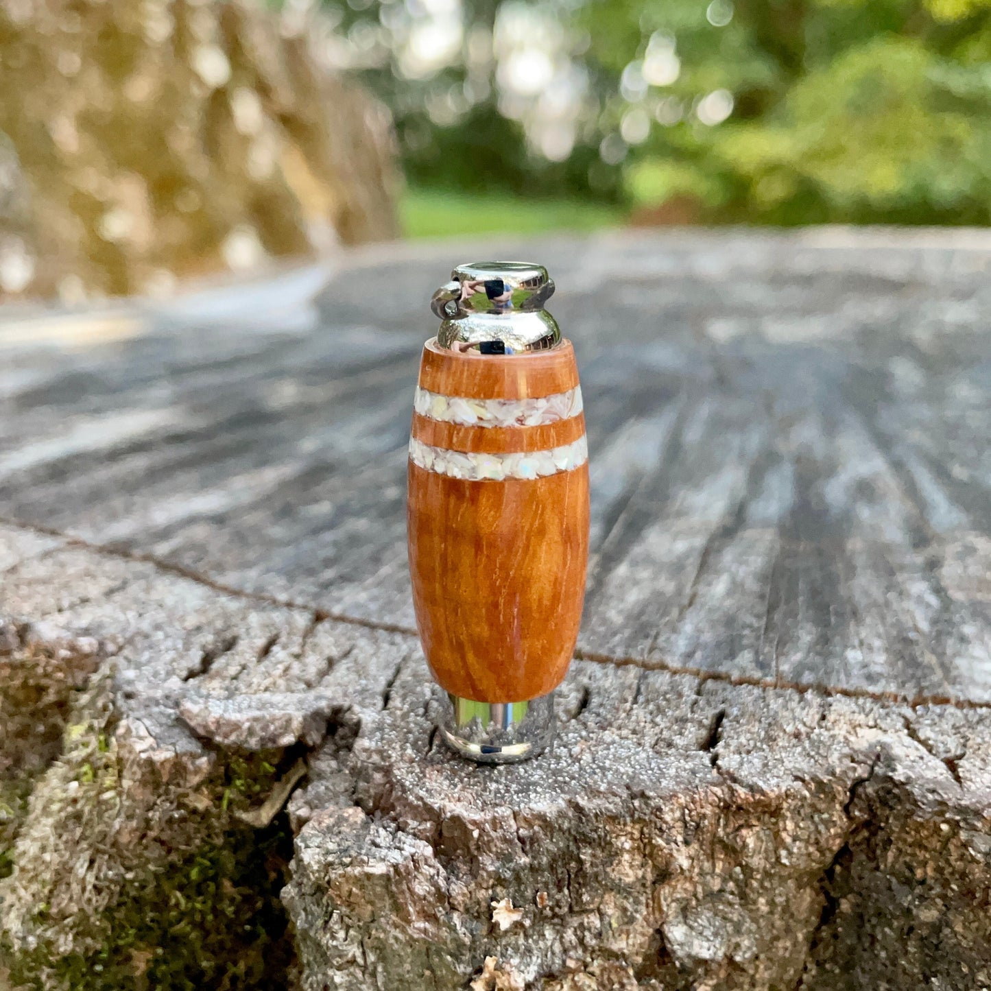 Hawaiian Koa Wood & Stainless Steel With Two Mother-Of-Pearl Inlays | Unique Hand Made Cremation Urn Jewelry Memorial